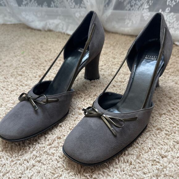 Stuart Weitzman Women's Gray Suede D'Orsay Bow Heels Pumps Shoes - Picture 1 of 7
